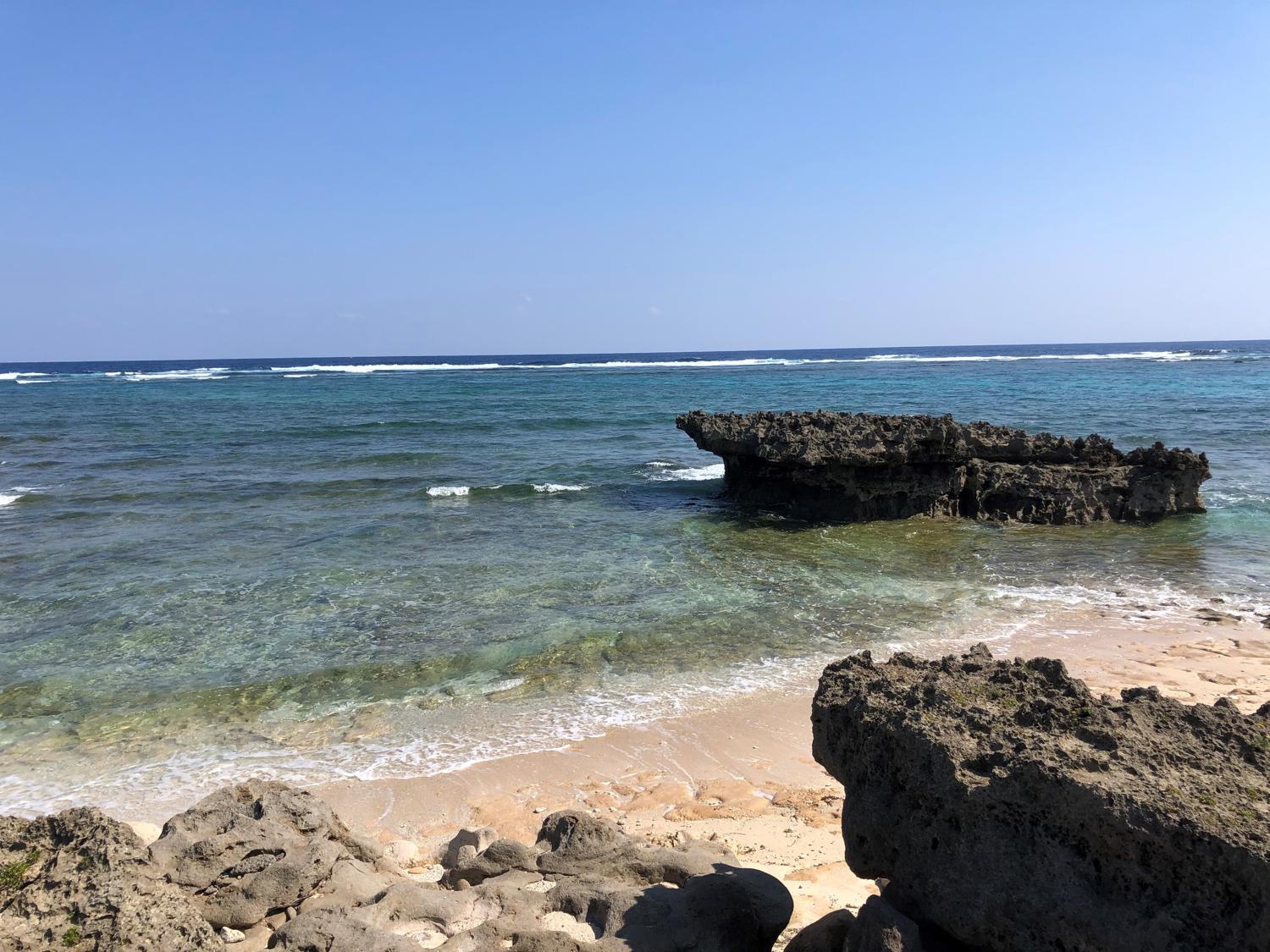 伊計島の岬　左手前の岩に海浜植物は生きている